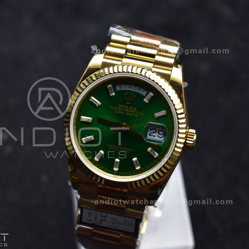 DayDate 36 YG QF Best Edition 904L Steel Green Dial with Stick Diamond on President Bracelet vr3255 V5 (Gain Weight)